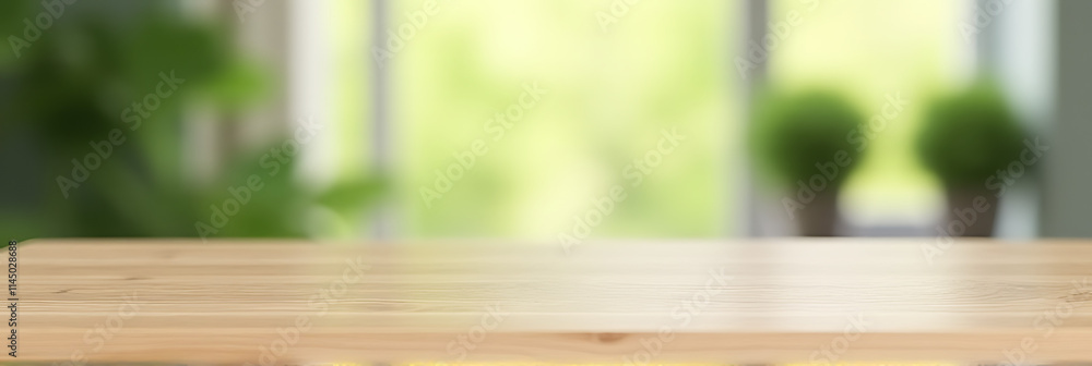 Poster a minimalist wooden table sits atop a blurred background with subtle hints of fresh green for a mode