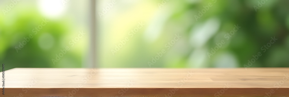 Poster a minimalist wooden table sits atop a blurred background with subtle hints of fresh green for a mode