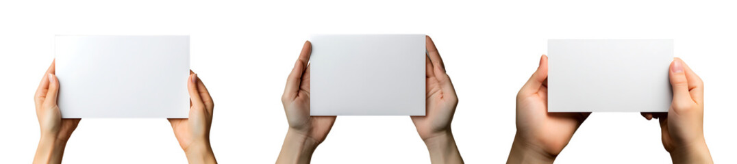 Set of a, Hand holding a blank white sheet of paper with copy space, isolated on a transparent background.