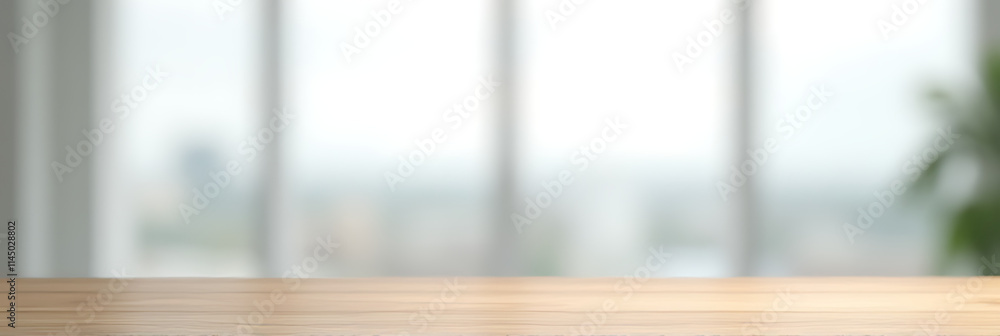 Poster a minimalist wood table sits atop a blurred white glass window background in an office building for 
