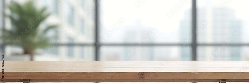 Poster a minimalist wood table sits atop a blurred white glass window background in an office building for 