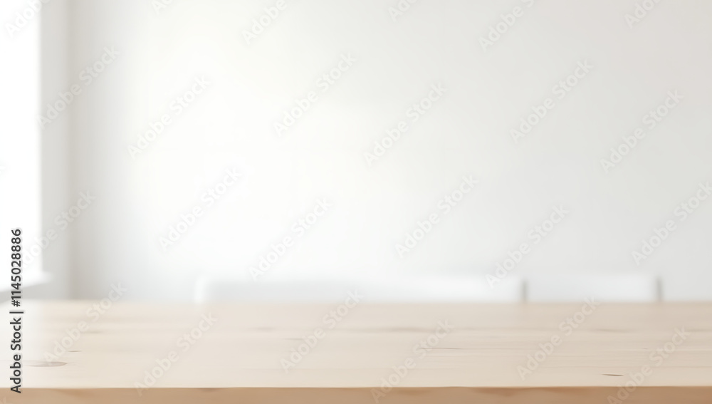 Aufkleber A minimalist white studio features an empty wooden table with a blurred out end grain surface._00001_