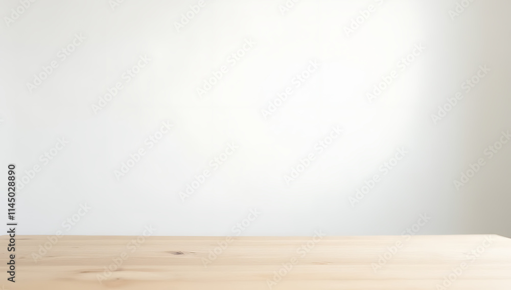 Poster a minimalist white studio features an empty wooden table with a blurred out end grain surface._00002