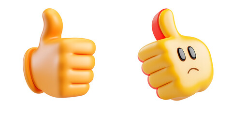 Set of a, 3D cartoon, thumbs-down hand emoji icon, isolated on a transparent background.