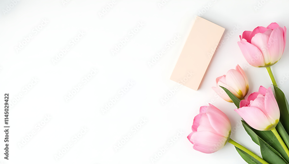Poster a minimalist home office setup features a desk with a white background, notepad, and a flower bouque