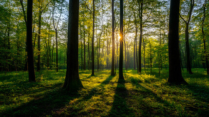 Sunlight filtering through the lush green forest in spring.