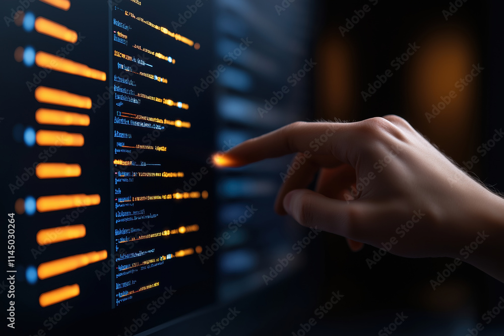 Poster tech enthusiast analyzing code on a screen in a dimly lit environment at night