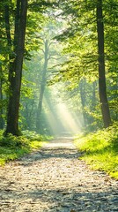 Obraz premium A serene forest path illuminated by sunlight filtering through trees.