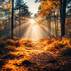 Obraz premium A serene forest path illuminated by sunlight through autumn trees.