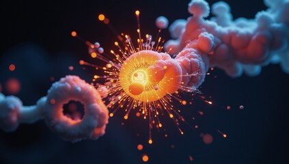 Abstract visualization showcasing a catalytic event initiating a dynamic molecular process