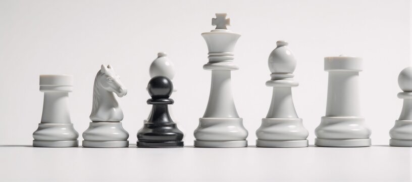 Black-and-white chess set with racial diversity subtext lone black pawn among white pawns