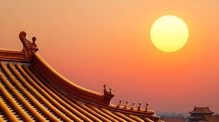 Golden Sunset Over Traditional Roofs in Tranquil City Landscape