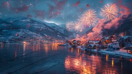 A fireworks display lighting up the night sky above a quiet, snow-covered village with colorful reflections in the frozen lake.