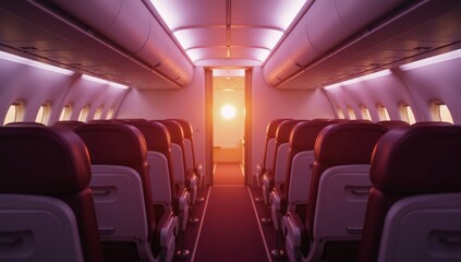 Fototapeta premium Sunlit pink-tinged empty aircraft cabin with a stunning sunset vista