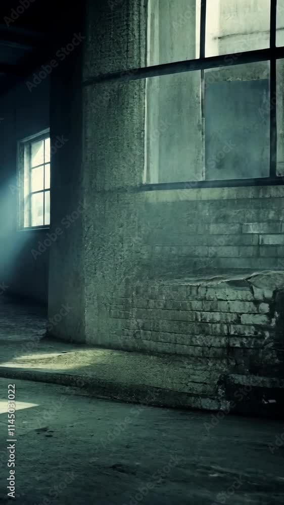 Aufkleber light streaming through abandoned building with textured walls and shadows cast in quiet atmosphere