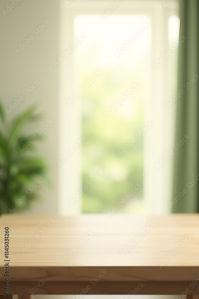 Poster A minimalist design combines an empty wooden table with a blurred curtain backdrop featuring abstract greenery and natural sunlight._00002_