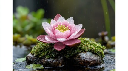 Pink water lily in rain, on mossy rocks.