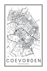 Printable downtown road map poster of the Dutch city of COEVORDEN on solid white background with city name