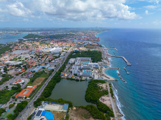 Willemstad coast aerial view including Rif Mangrove Park at Otrobanda, city of Willemstad, Curacao. 