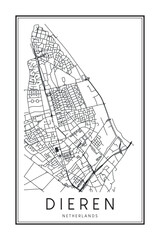 Obraz premium Printable downtown road map poster of the Dutch city of DIEREN on solid white background with city name