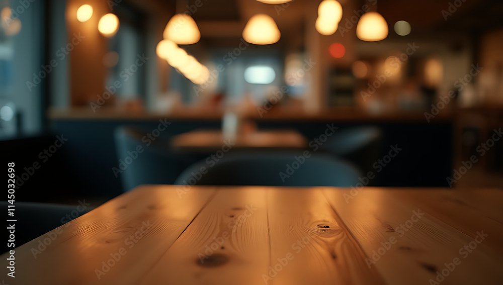 Aufkleber A minimalist cafe setting features an empty wooden table with a blurred bokeh effect in a darkened room._00003_