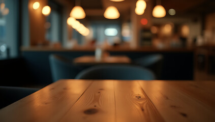 A minimalist cafe setting features an empty wooden table with a blurred bokeh effect in a darkened room._00003_