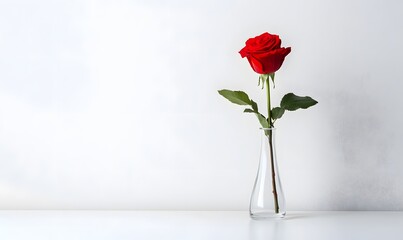 Obraz premium Red rose in glass vase on white table and background.