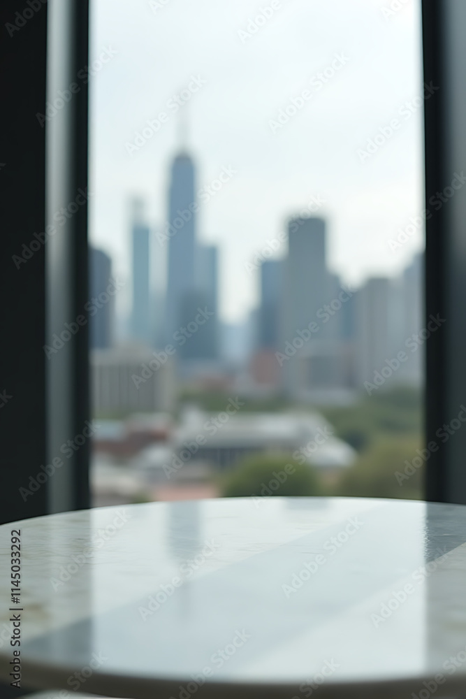 Poster A marble tabletop is in sharp focus while a blurred cityscape appears through a window in the background._00003_
