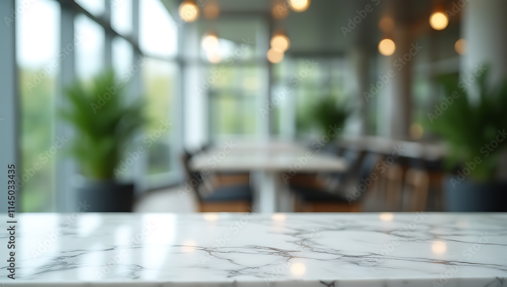 Aufkleber A marble tabletop is in sharp focus against a blurred glass wall background creating a visually appealing contrast._00001_