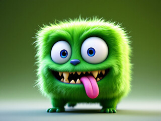 Cute green furry monster with big eyes and a wide, toothy smile, exuding a playful, cartoonish charm.