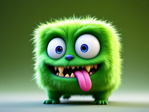 Cute green furry monster with big eyes and a wide, toothy smile, exuding a playful, cartoonish charm.