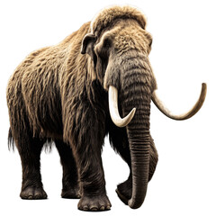 Obraz premium Woolly mammoth with long tusks and thick fur isolated on transparent background