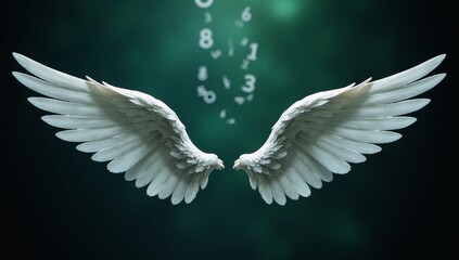 Angel wings displaying numerical flow against a dark greenblue backdrop for numerology themed design