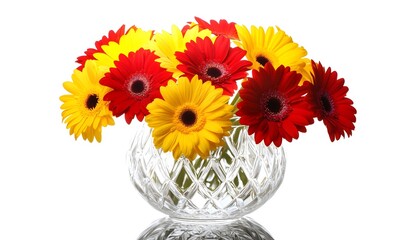 Obraz premium Red, yellow gerbera daisies in crystal vase.