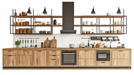 Fototapeta premium Modern kitchen with wooden cabinets, metal shelving, and appliances.