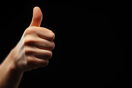 Hand giving a thumbs up gesture against a dark background in low light setting