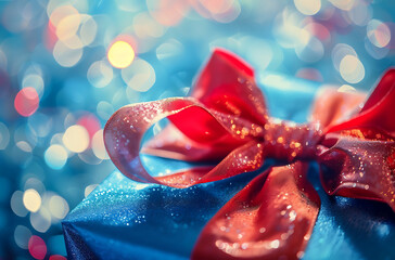 Close-up of blue present with red ribbon on top and lighting effects, ideal for festive and gift-related visuals.