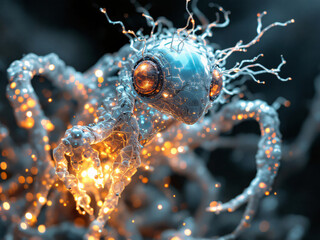 Sea creature, Marine life, Underwater, Glowing, Bioluminescent, Neon, Vibrant, Colorful, Blue, Orange, Sparkling, Shimmering, Mystical, Enchanting, Ethereal, Surreal, Fantasy, Mythical, otherworldly, 