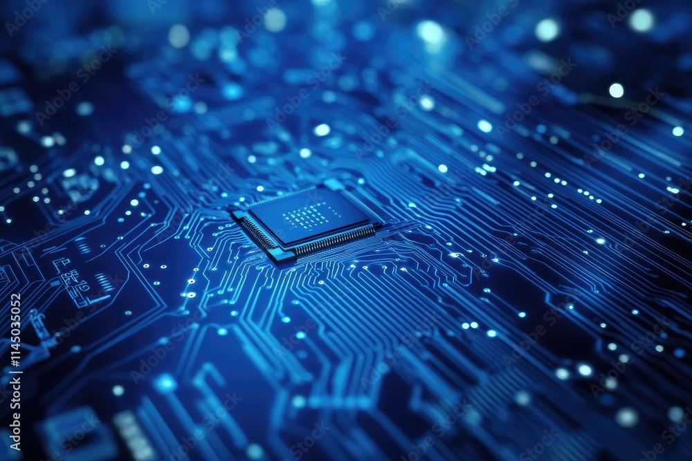 Fototapete A blue circuit board with a chip, set against a technology background. A digital illustration of a microprocessing unit, symbolizing global network and internet connection concepts