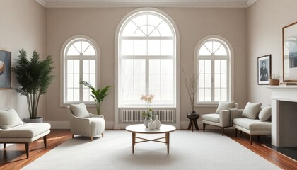 A serene living room with curved skirting boards that match the arched window frames