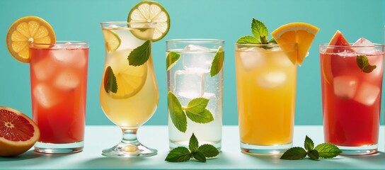 Vibrant illustration showcases a selection of summery drinks and cocktails featuring fresh fruit mint leaves and ice