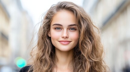 Obraz premium Elegant young woman with wavy brown hair in a city setting, glowing natural light and blurred background creating a vibrant and stylish stock photo for editorial use