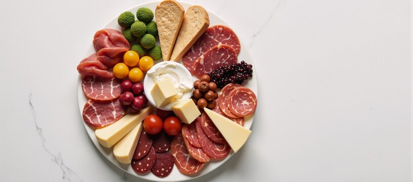 Overhead shot of a white marble table hosting a charming array of meats cheeses and accouterments on a charcuterie spread