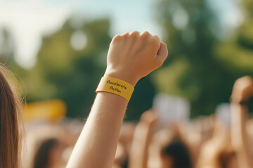 A close-up of a woman’s hand making the strong arm gesture with an Accelerate Action wristband, symbolizing strength and equality for Women's Day 2025
