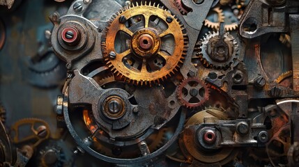 Fototapeta premium Intricate Clockwork Mechanism Gears - A Detailed View of Industrial Engineering