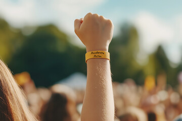 A close-up of a woman’s hand making the strong arm gesture with an Accelerate Action wristband, symbolizing strength and equality for Women's Day 2025
