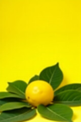 A lemon sits atop a bed of leaves against a bright yellow background, evoking fresh and vibrant concepts._00003_