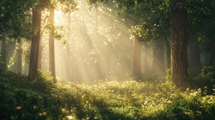 Fototapeta premium Serene Forest Scene with Sunlight Filtering Through Trees 