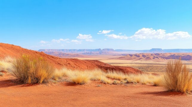 Australian outback landscape, northern territory in the light of a sun. Travel banner. Desert scene and blue sky background with copy space. Endless adventure concept