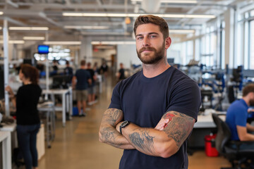 Man with tattoos poses confidently in a modern office environment during work hours